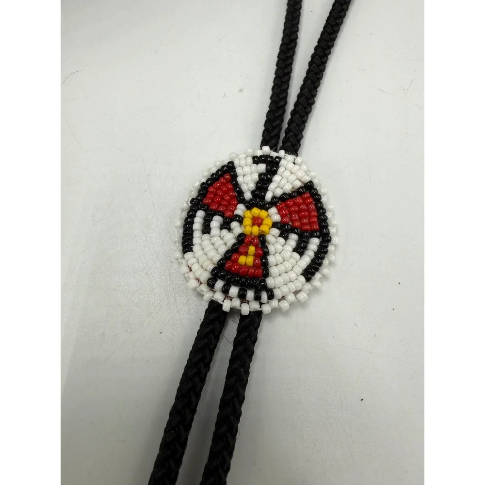 Handmade Beaded Bolo Tie Medicine Wheel Western Southwestern Black Cord Necklace